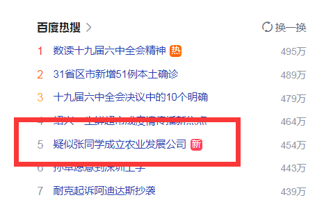 “疑似张同学成立农业发展公司”话题上百度热搜